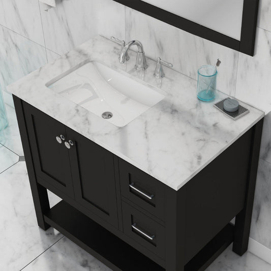Alya Bath Wilmington 36" Single Espresso Freestanding  Bathroom Vanity With Carrara Marble Top, Ceramic Sink and Wall Mounted Mirror - HE-102-36-E-CWMT+HE-101/102-36-E-M - Backyard Provider