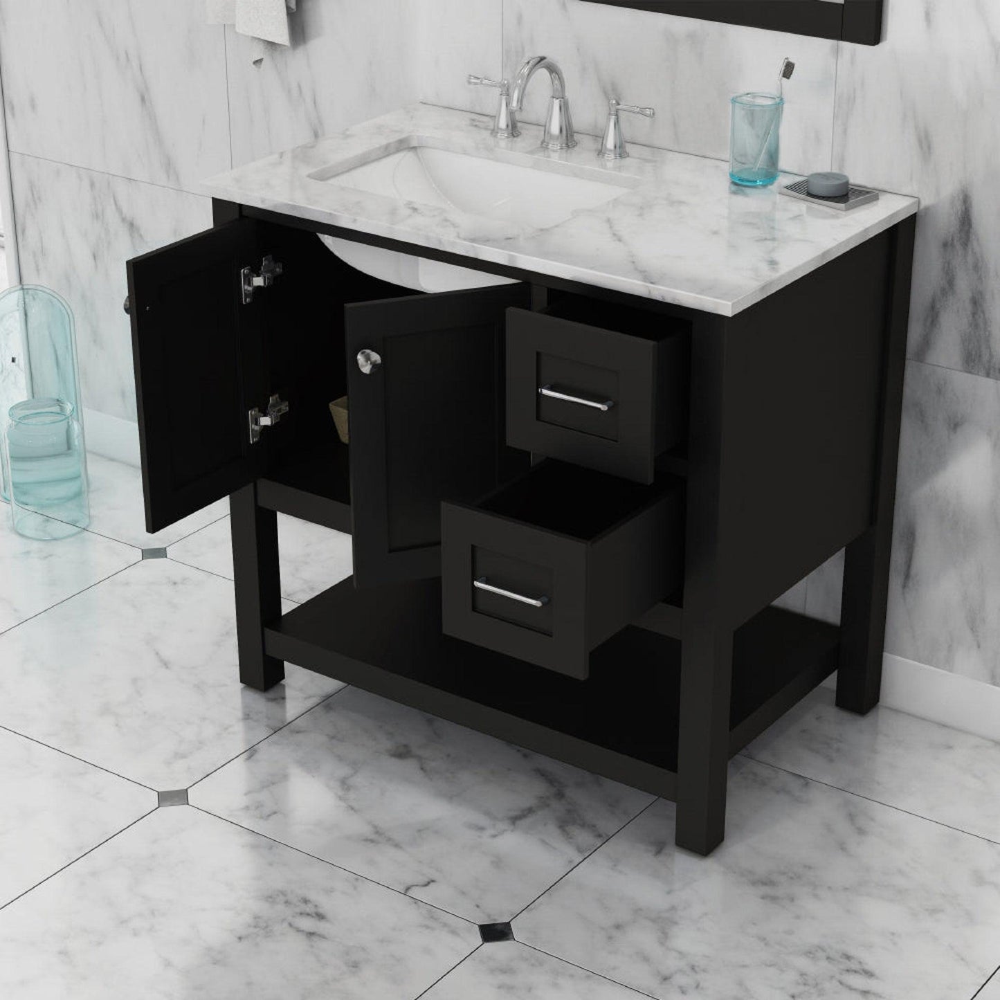 Alya Bath Wilmington 36" Single Espresso Freestanding  Bathroom Vanity With Carrara Marble Top, Ceramic Sink and Wall Mounted Mirror - HE-102-36-E-CWMT+HE-101/102-36-E-M - Backyard Provider