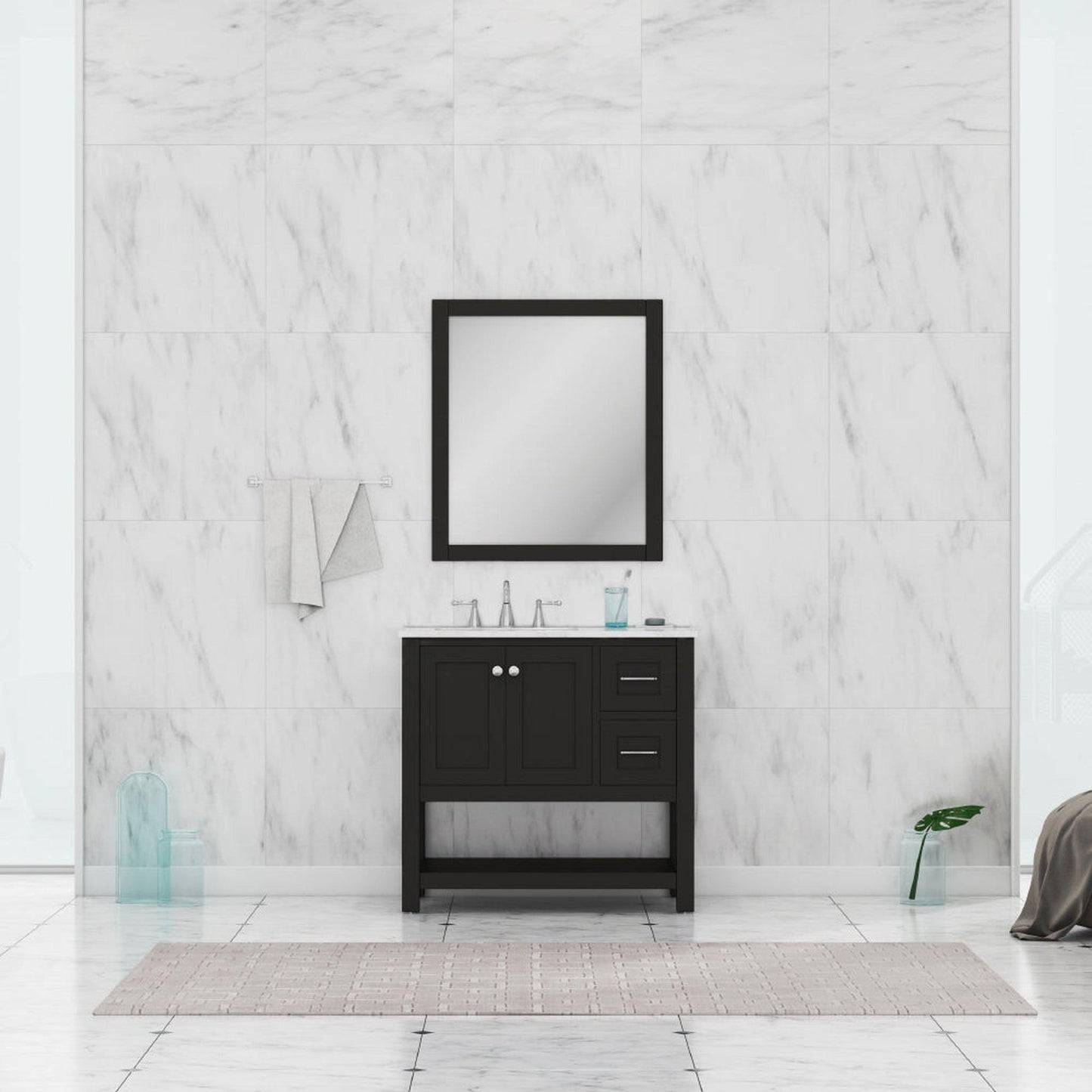 Alya Bath Wilmington 36" Single Espresso Freestanding  Bathroom Vanity With Carrara Marble Top, Ceramic Sink and Wall Mounted Mirror - HE-102-36-E-CWMT+HE-101/102-36-E-M - Backyard Provider