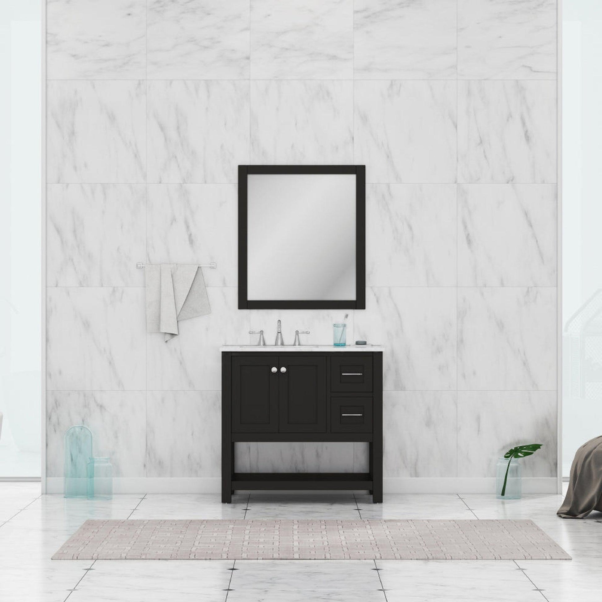 Alya Bath Wilmington 36" Single Espresso Freestanding  Bathroom Vanity With Carrara Marble Top, Ceramic Sink and Wall Mounted Mirror - HE-102-36-E-CWMT+HE-101/102-36-E-M - Backyard Provider