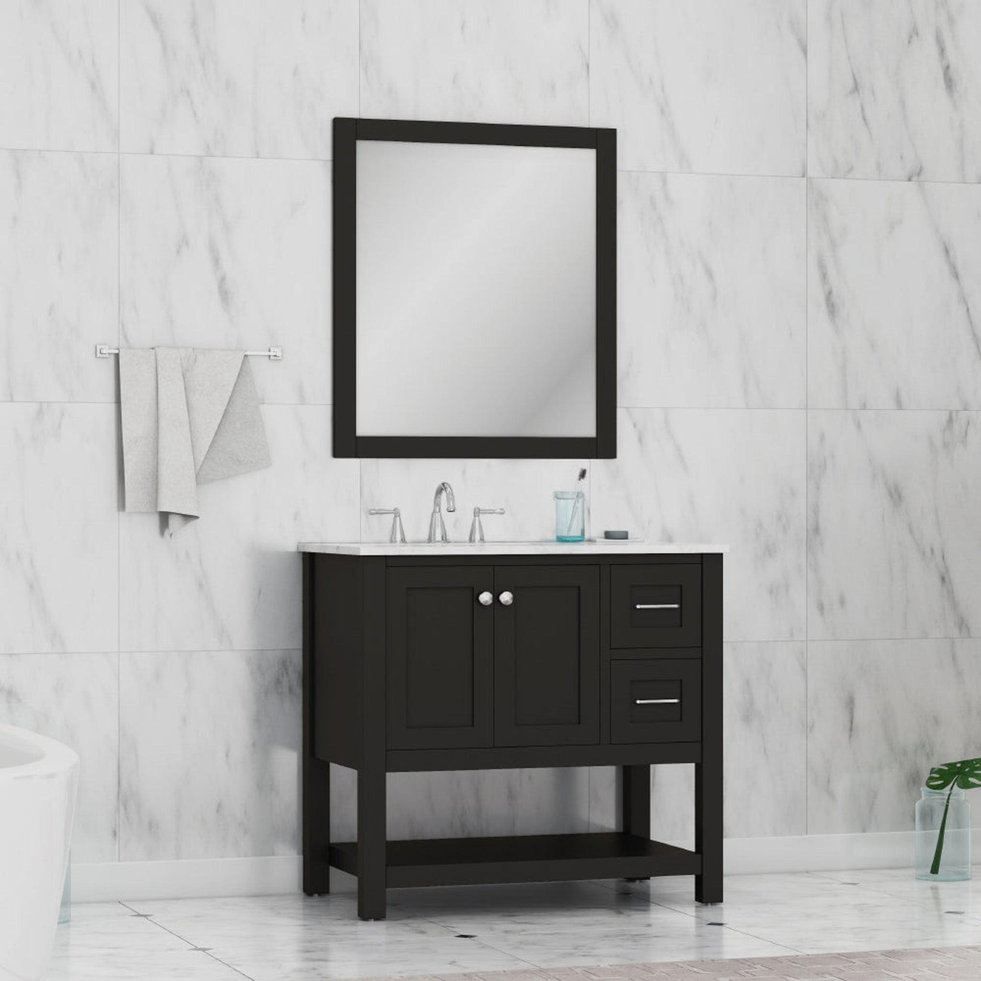Alya Bath Wilmington 36" Single Espresso Freestanding  Bathroom Vanity With Carrara Marble Top, Ceramic Sink and Wall Mounted Mirror - HE-102-36-E-CWMT+HE-101/102-36-E-M - Backyard Provider