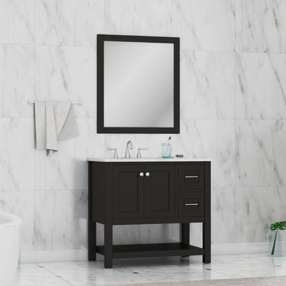Alya Bath Wilmington 36" Single Espresso Freestanding  Bathroom Vanity With Carrara Marble Top, Ceramic Sink and Wall Mounted Mirror - HE-102-36-E-CWMT+HE-101/102-36-E-M - Backyard Provider