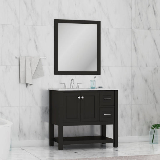 Alya Bath Wilmington 36" Single Espresso Freestanding  Bathroom Vanity With Carrara Marble Top, Ceramic Sink and Wall Mounted Mirror - HE-102-36-E-CWMT+HE-101/102-36-E-M - Backyard Provider