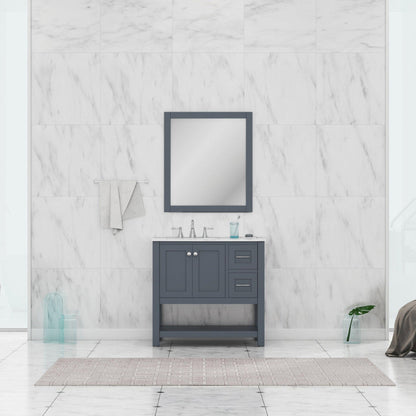 Alya Bath Wilmington 36" Single Gray Freestanding  Bathroom Vanity With Carrara Marble Top, Ceramic Sink and Wall Mounted Mirror - HE-102-36-G-CWMT+HE-101/102-36-G-M - Backyard Provider