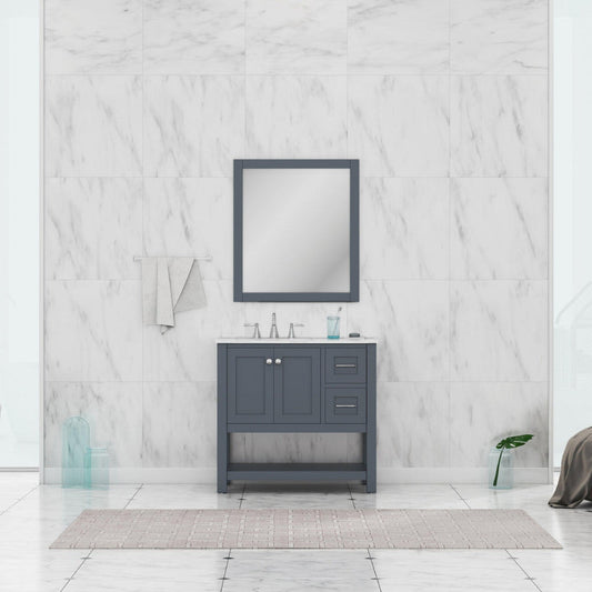 Alya Bath Wilmington 36" Single Gray Freestanding  Bathroom Vanity With Carrara Marble Top, Ceramic Sink and Wall Mounted Mirror - HE-102-36-G-CWMT+HE-101/102-36-G-M - Backyard Provider
