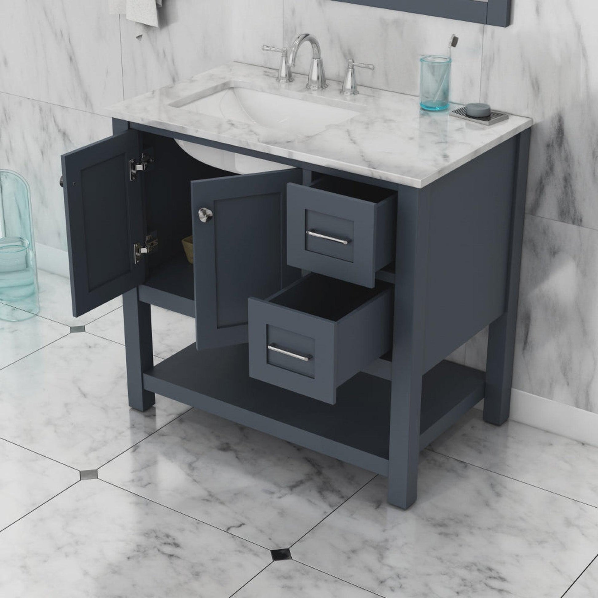 Alya Bath Wilmington 36" Single Gray Freestanding  Bathroom Vanity With Carrara Marble Top, Ceramic Sink and Wall Mounted Mirror - HE-102-36-G-CWMT+HE-101/102-36-G-M - Backyard Provider