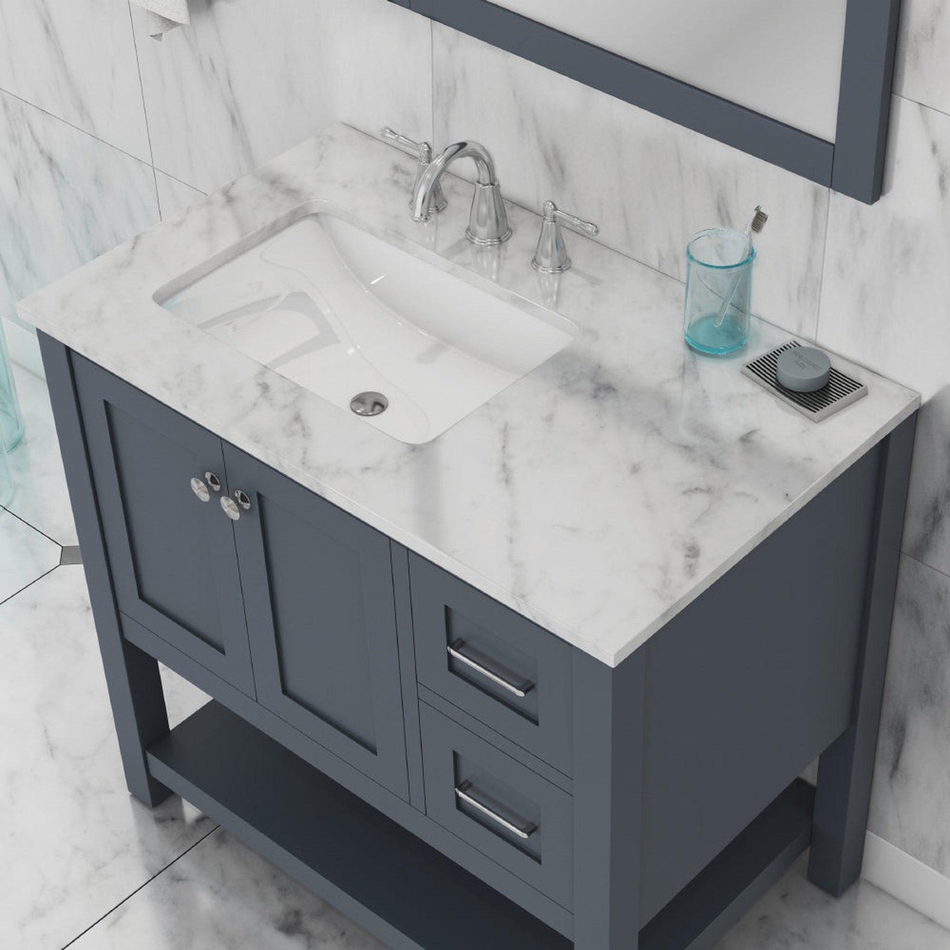 Alya Bath Wilmington 36" Single Gray Freestanding  Bathroom Vanity With Carrara Marble Top, Ceramic Sink and Wall Mounted Mirror - HE-102-36-G-CWMT+HE-101/102-36-G-M - Backyard Provider