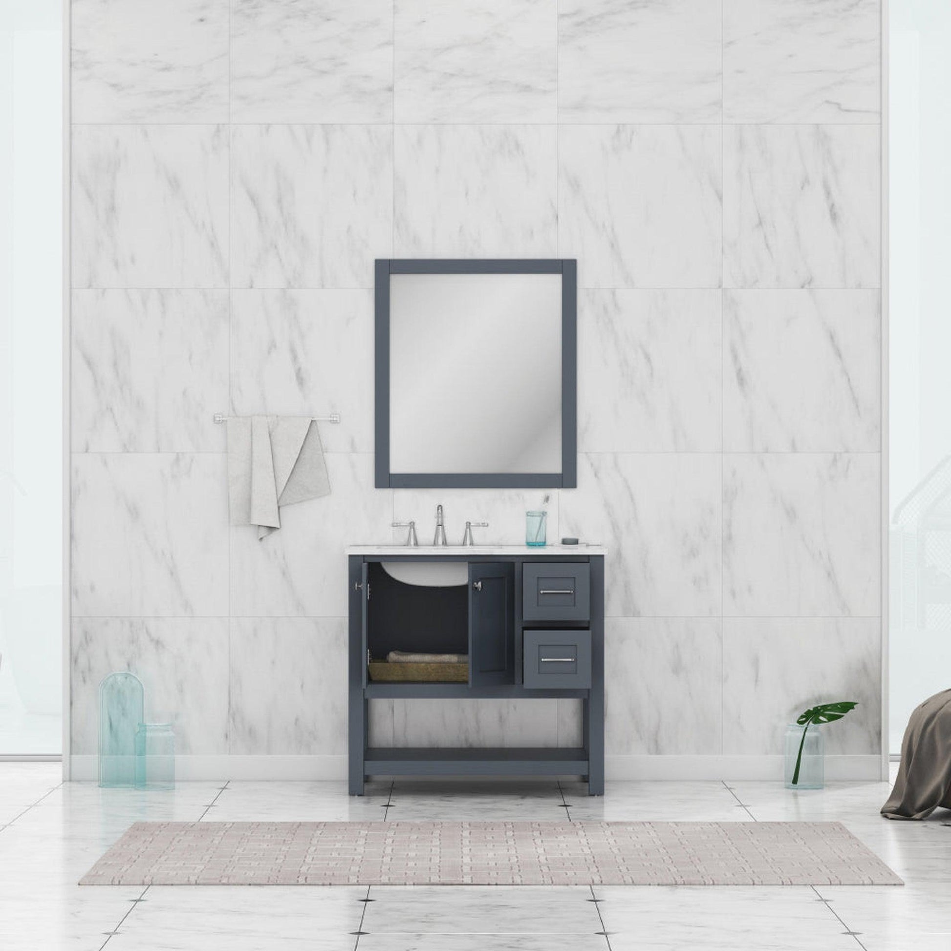 Alya Bath Wilmington 36" Single Gray Freestanding  Bathroom Vanity With Carrara Marble Top, Ceramic Sink and Wall Mounted Mirror - HE-102-36-G-CWMT+HE-101/102-36-G-M - Backyard Provider