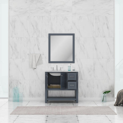 Alya Bath Wilmington 36" Single Gray Freestanding  Bathroom Vanity With Carrara Marble Top, Ceramic Sink and Wall Mounted Mirror - HE-102-36-G-CWMT+HE-101/102-36-G-M - Backyard Provider