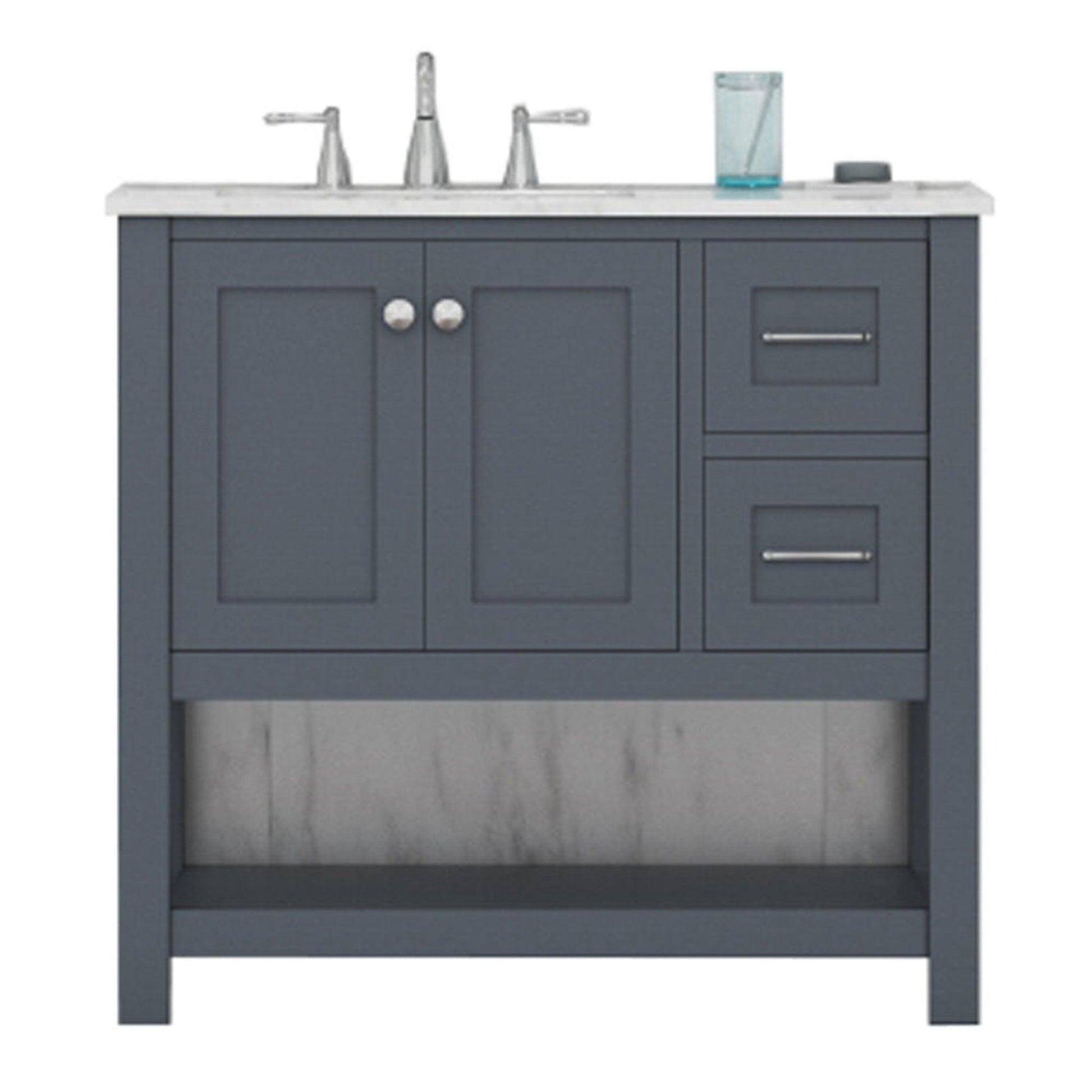 Alya Bath Wilmington 36" Single Gray Freestanding  Bathroom Vanity With Carrara Marble Top, Ceramic Sink and Wall Mounted Mirror - HE-102-36-G-CWMT+HE-101/102-36-G-M - Backyard Provider