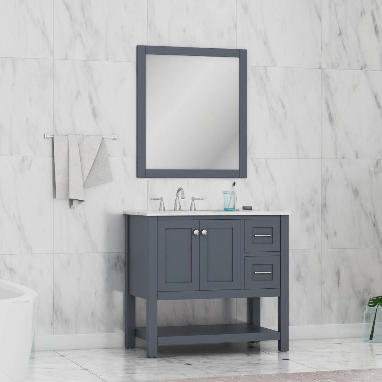 Alya Bath Wilmington 36" Single Gray Freestanding  Bathroom Vanity With Carrara Marble Top, Ceramic Sink and Wall Mounted Mirror - HE-102-36-G-CWMT+HE-101/102-36-G-M - Backyard Provider