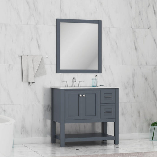 Alya Bath Wilmington 36" Single Gray Freestanding  Bathroom Vanity With Carrara Marble Top, Ceramic Sink and Wall Mounted Mirror - HE-102-36-G-CWMT+HE-101/102-36-G-M - Backyard Provider