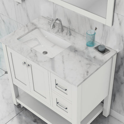 Alya Bath Wilmington 36" Single White Freestanding  Bathroom Vanity With Carrara Marble Top, Ceramic Sink and Wall Mounted Mirror - HE-102-36-W-CWMT+HE-101/102-36-W-M - Backyard Provider