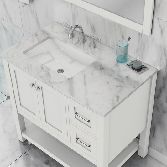 Alya Bath Wilmington 36" Single White Freestanding  Bathroom Vanity With Carrara Marble Top, Ceramic Sink and Wall Mounted Mirror - HE-102-36-W-CWMT+HE-101/102-36-W-M - Backyard Provider