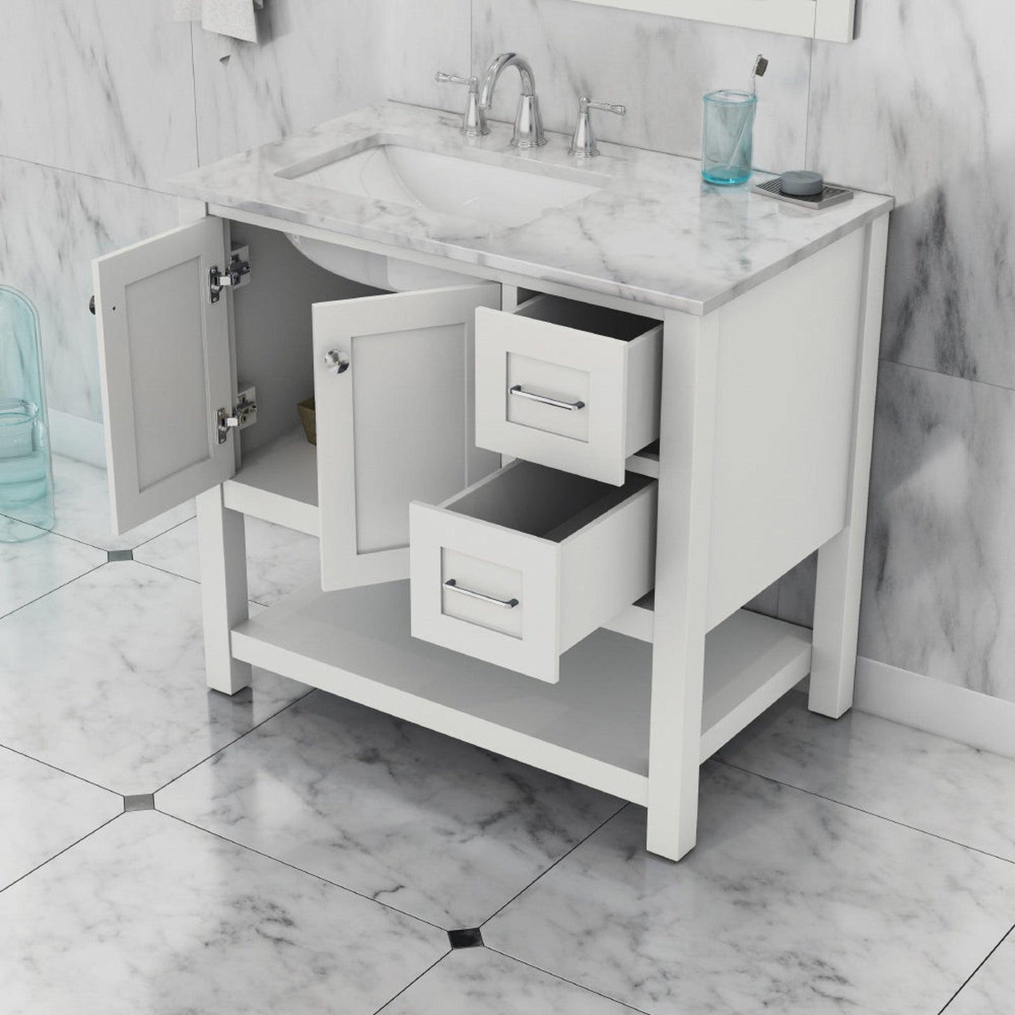Alya Bath Wilmington 36" Single White Freestanding  Bathroom Vanity With Carrara Marble Top, Ceramic Sink and Wall Mounted Mirror - HE-102-36-W-CWMT+HE-101/102-36-W-M - Backyard Provider