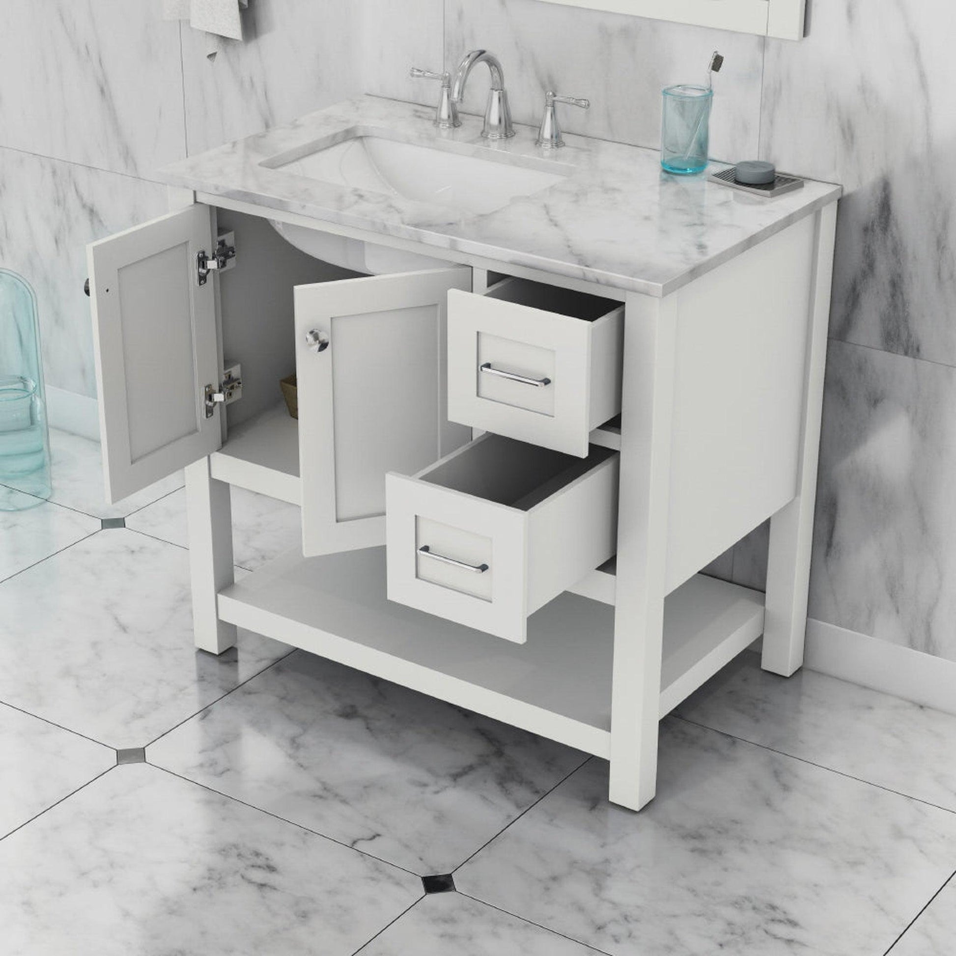 Alya Bath Wilmington 36" Single White Freestanding  Bathroom Vanity With Carrara Marble Top, Ceramic Sink and Wall Mounted Mirror - HE-102-36-W-CWMT+HE-101/102-36-W-M - Backyard Provider