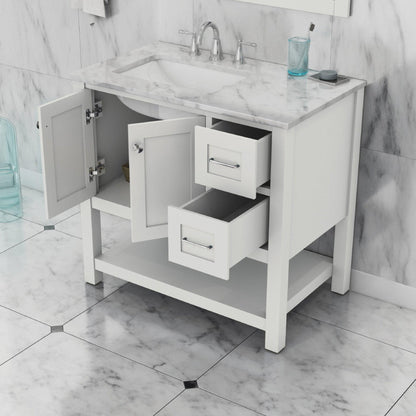 Alya Bath Wilmington 36" Single White Freestanding  Bathroom Vanity With Carrara Marble Top, Ceramic Sink and Wall Mounted Mirror - HE-102-36-W-CWMT+HE-101/102-36-W-M - Backyard Provider