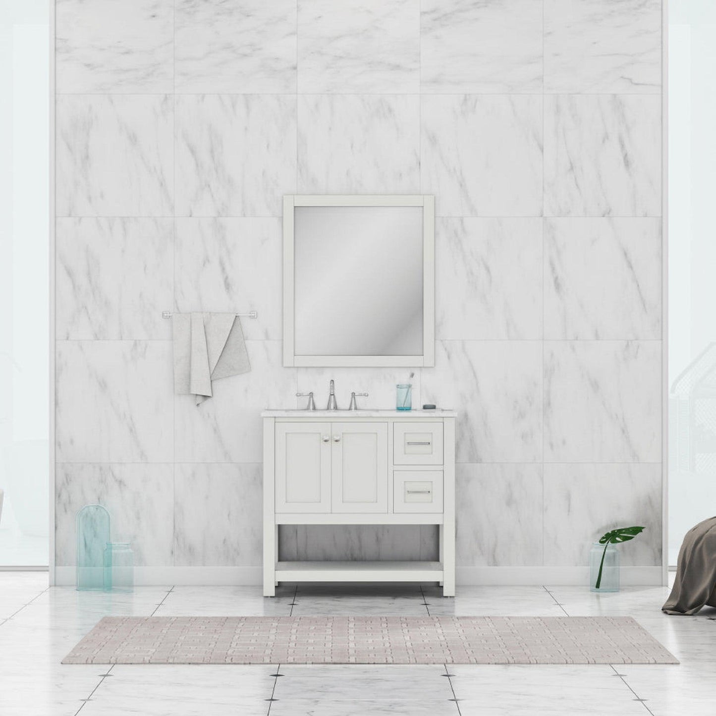 Alya Bath Wilmington 36" Single White Freestanding  Bathroom Vanity With Carrara Marble Top, Ceramic Sink and Wall Mounted Mirror - HE-102-36-W-CWMT+HE-101/102-36-W-M - Backyard Provider