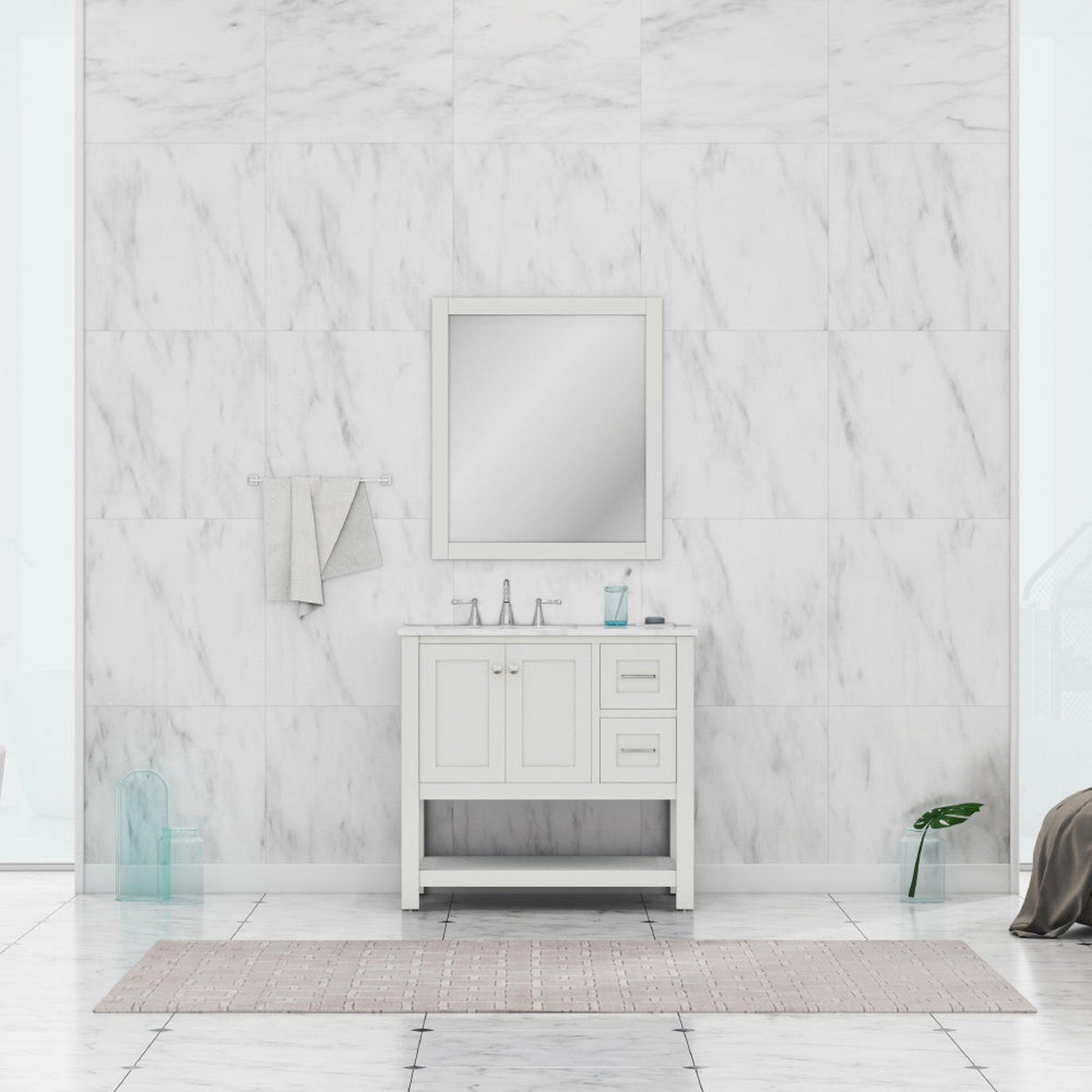 Alya Bath Wilmington 36" Single White Freestanding  Bathroom Vanity With Carrara Marble Top, Ceramic Sink and Wall Mounted Mirror - HE-102-36-W-CWMT+HE-101/102-36-W-M - Backyard Provider