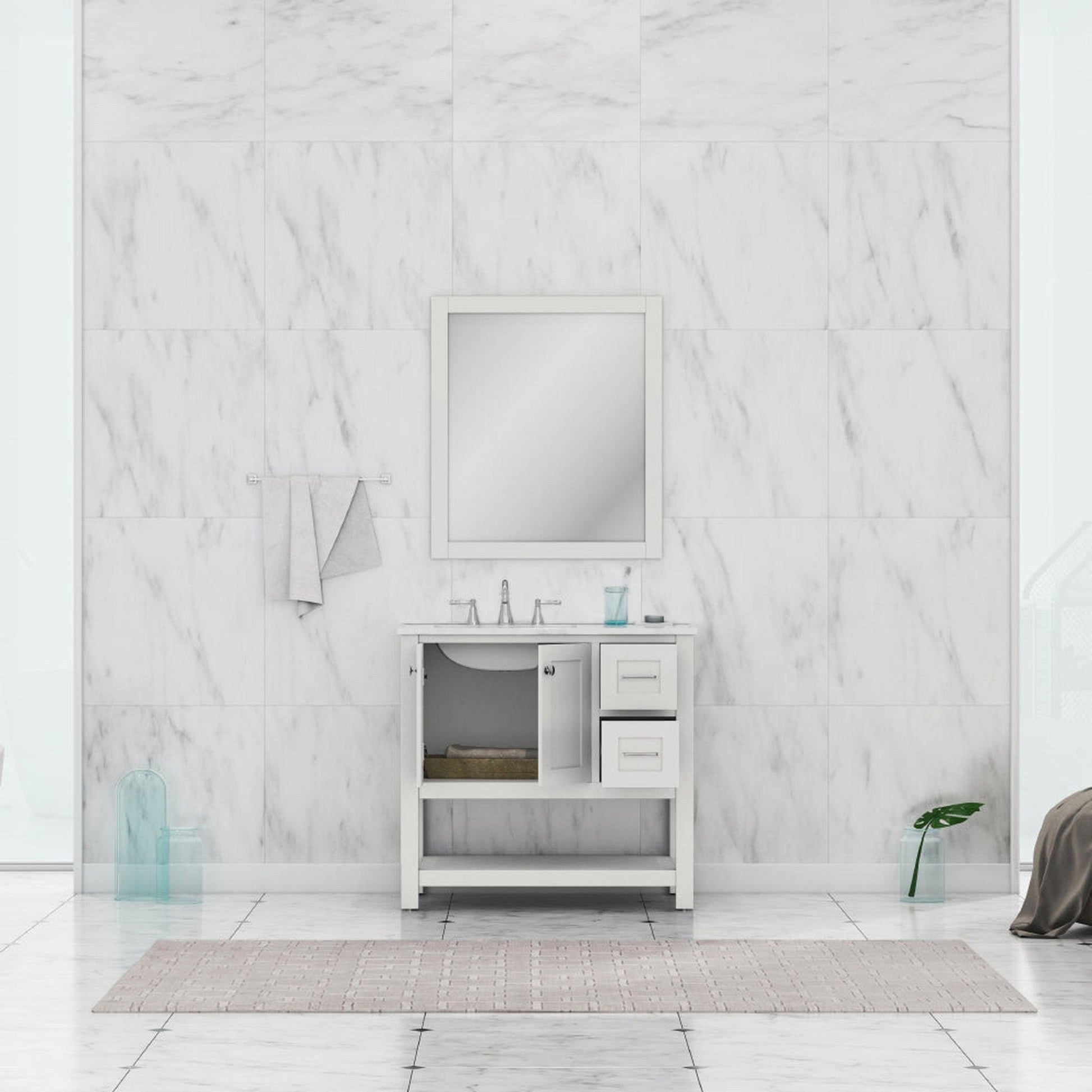 Alya Bath Wilmington 36" Single White Freestanding  Bathroom Vanity With Carrara Marble Top, Ceramic Sink and Wall Mounted Mirror - HE-102-36-W-CWMT+HE-101/102-36-W-M - Backyard Provider
