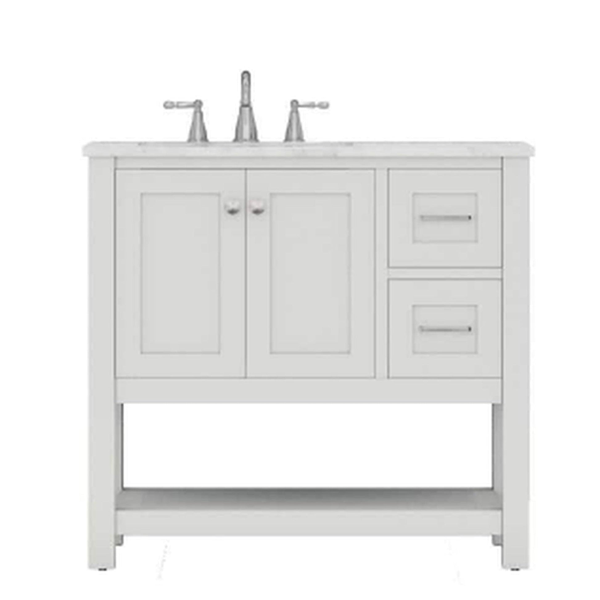 Alya Bath Wilmington 36" Single White Freestanding  Bathroom Vanity With Carrara Marble Top, Ceramic Sink and Wall Mounted Mirror - HE-102-36-W-CWMT+HE-101/102-36-W-M - Backyard Provider