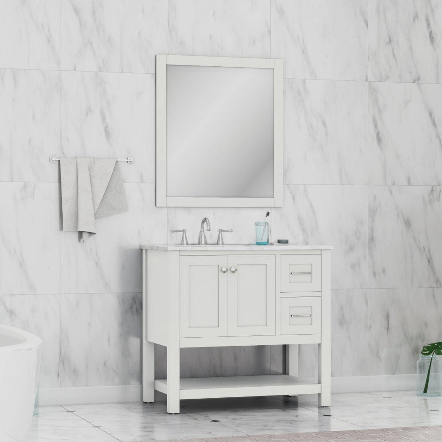 Alya Bath Wilmington 36" Single White Freestanding  Bathroom Vanity With Carrara Marble Top, Ceramic Sink and Wall Mounted Mirror - HE-102-36-W-CWMT+HE-101/102-36-W-M - Backyard Provider