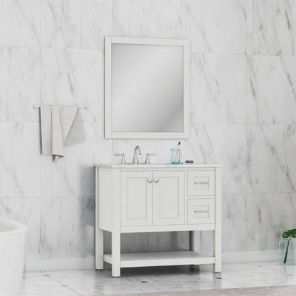 Alya Bath Wilmington 36" Single White Freestanding  Bathroom Vanity With Carrara Marble Top, Ceramic Sink and Wall Mounted Mirror - HE-102-36-W-CWMT+HE-101/102-36-W-M - Backyard Provider