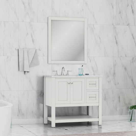 Alya Bath Wilmington 36" Single White Freestanding  Bathroom Vanity With Carrara Marble Top, Ceramic Sink and Wall Mounted Mirror - HE-102-36-W-CWMT+HE-101/102-36-W-M - Backyard Provider