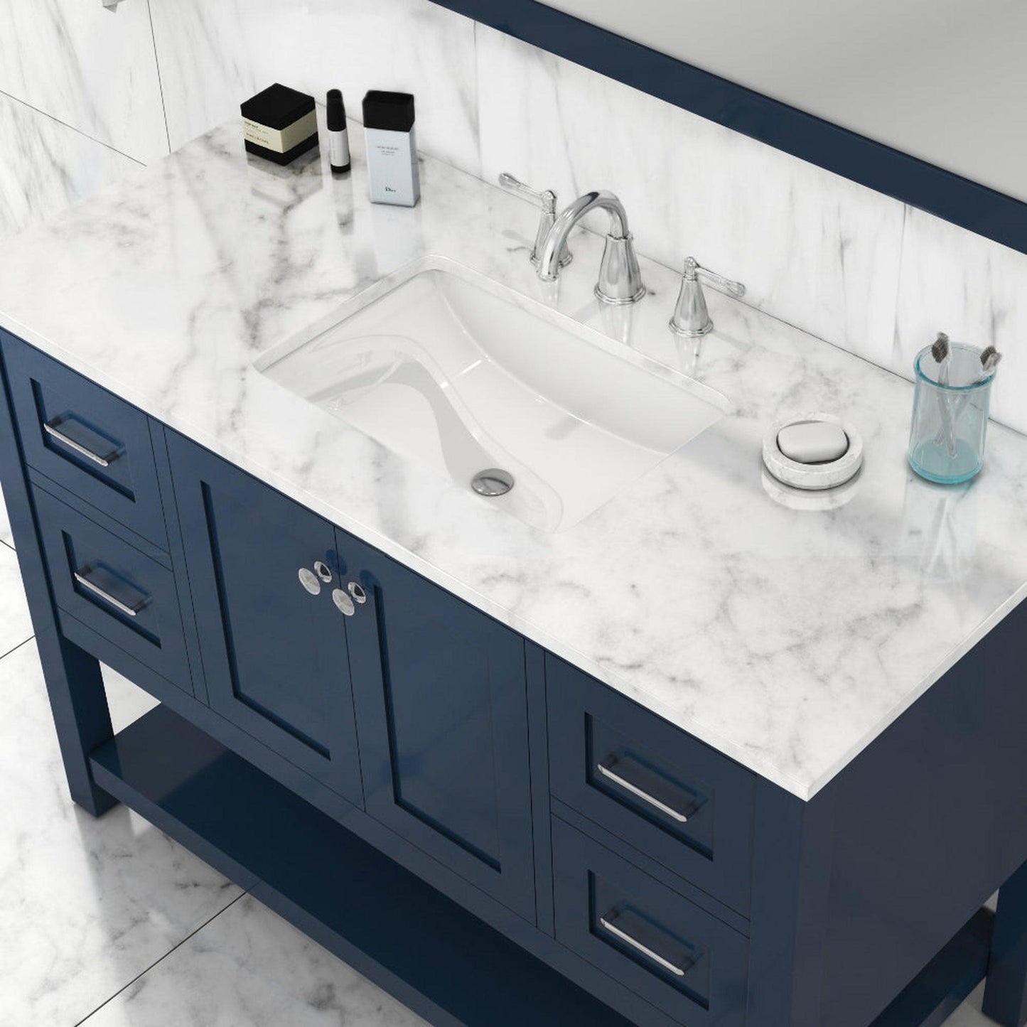 Alya Bath Wilmington 48" Single Blue Freestanding  Bathroom Vanity With Carrara Marble Top, Ceramic Sink and Wall Mounted Mirror - HE-102-48-B-CWMT+HE-101/102-42-B-M - Backyard Provider