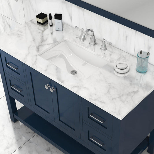 Alya Bath Wilmington 48" Single Blue Freestanding  Bathroom Vanity With Carrara Marble Top, Ceramic Sink and Wall Mounted Mirror - HE-102-48-B-CWMT+HE-101/102-42-B-M - Backyard Provider