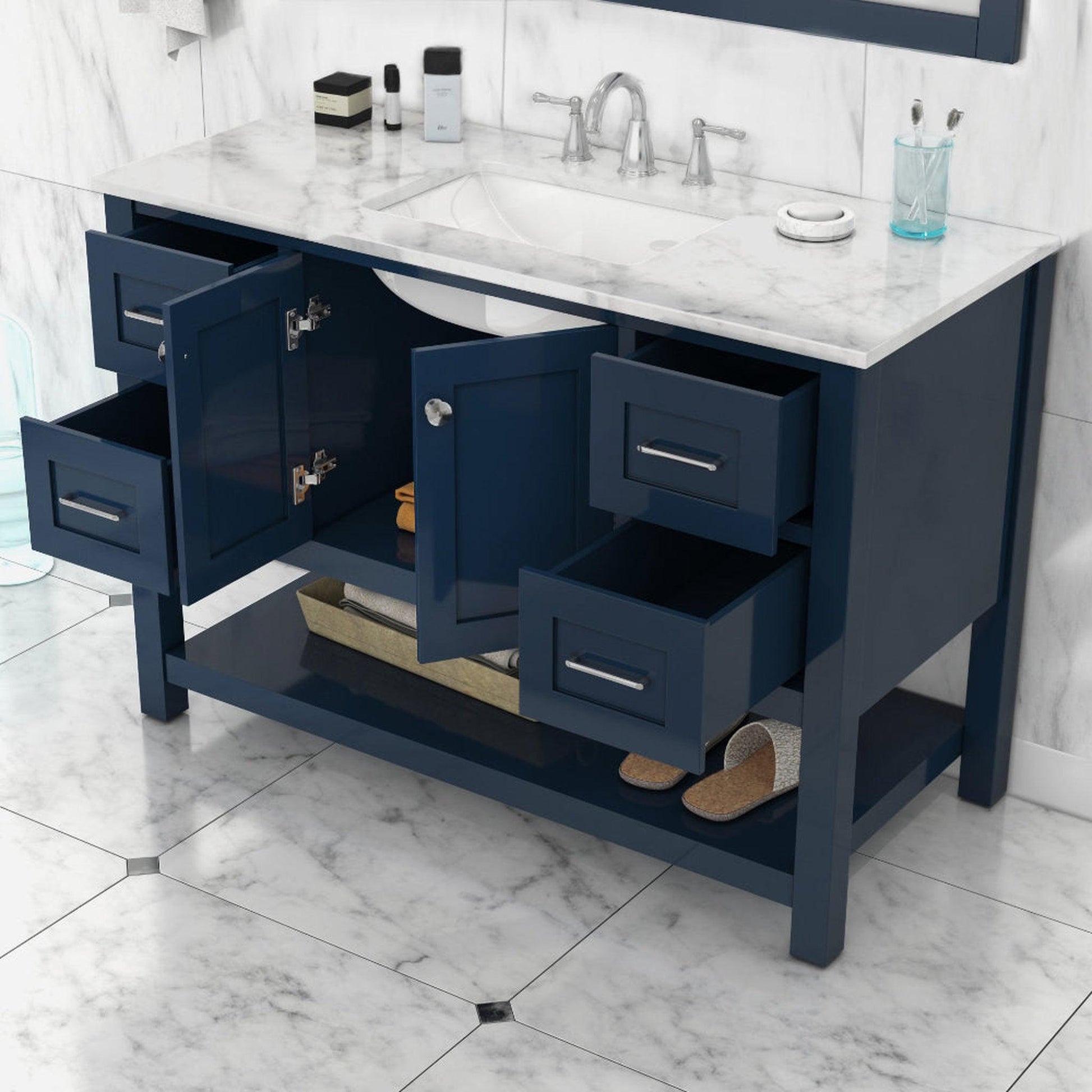 Alya Bath Wilmington 48" Single Blue Freestanding  Bathroom Vanity With Carrara Marble Top, Ceramic Sink and Wall Mounted Mirror - HE-102-48-B-CWMT+HE-101/102-42-B-M - Backyard Provider