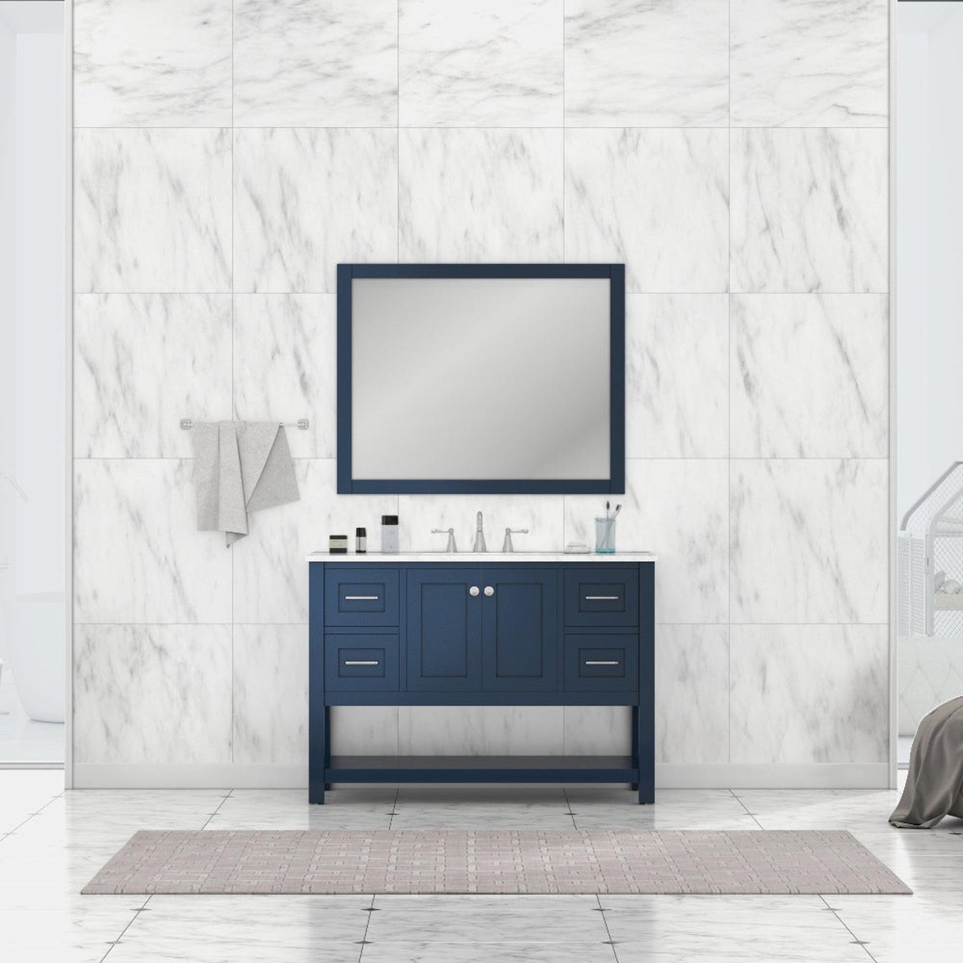 Alya Bath Wilmington 48" Single Blue Freestanding  Bathroom Vanity With Carrara Marble Top, Ceramic Sink and Wall Mounted Mirror - HE-102-48-B-CWMT+HE-101/102-42-B-M - Backyard Provider