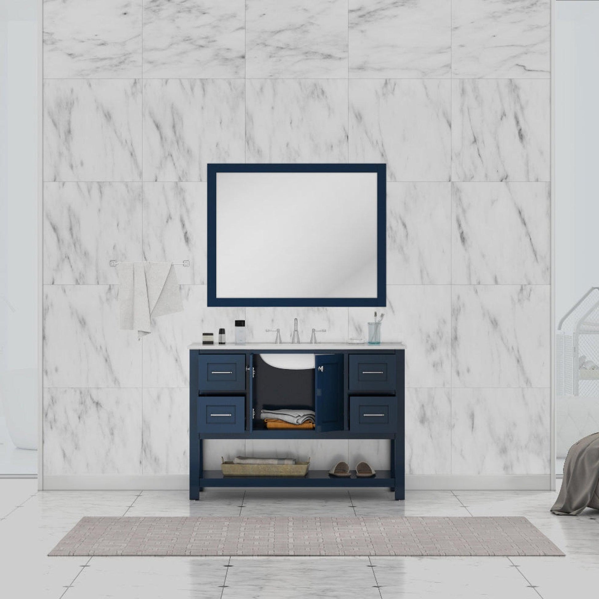 Alya Bath Wilmington 48" Single Blue Freestanding  Bathroom Vanity With Carrara Marble Top, Ceramic Sink and Wall Mounted Mirror - HE-102-48-B-CWMT+HE-101/102-42-B-M - Backyard Provider
