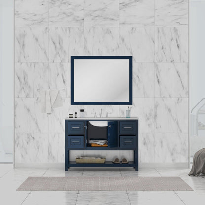 Alya Bath Wilmington 48" Single Blue Freestanding  Bathroom Vanity With Carrara Marble Top, Ceramic Sink and Wall Mounted Mirror - HE-102-48-B-CWMT+HE-101/102-42-B-M - Backyard Provider