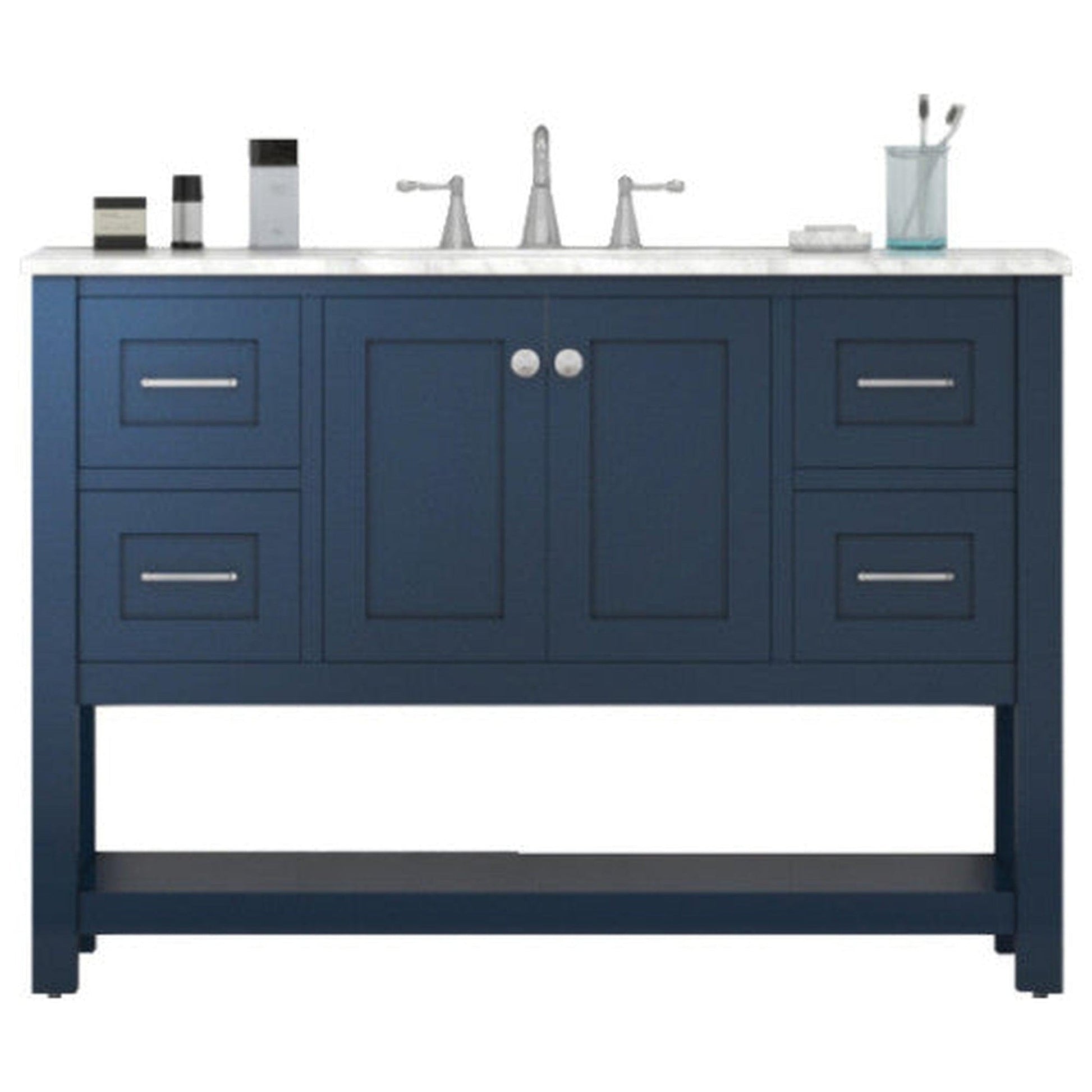 Alya Bath Wilmington 48" Single Blue Freestanding  Bathroom Vanity With Carrara Marble Top, Ceramic Sink and Wall Mounted Mirror - HE-102-48-B-CWMT+HE-101/102-42-B-M - Backyard Provider