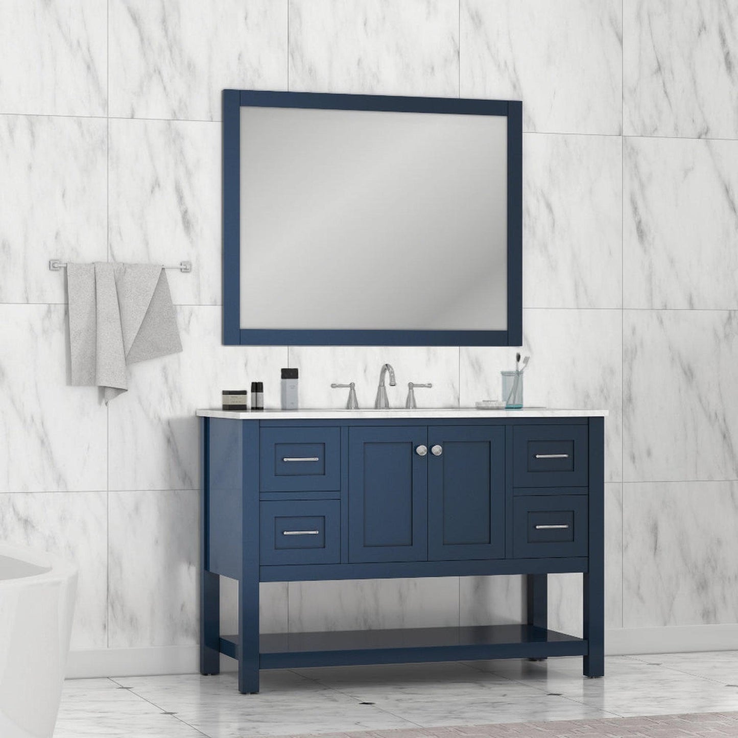 Alya Bath Wilmington 48" Single Blue Freestanding  Bathroom Vanity With Carrara Marble Top, Ceramic Sink and Wall Mounted Mirror - HE-102-48-B-CWMT+HE-101/102-42-B-M - Backyard Provider