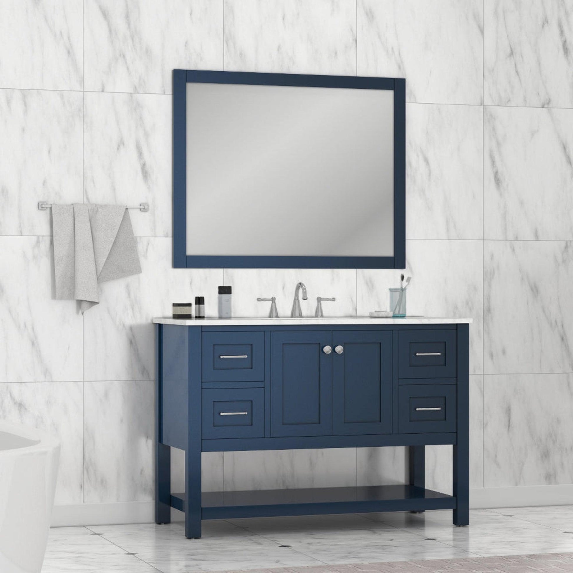 Alya Bath Wilmington 48" Single Blue Freestanding  Bathroom Vanity With Carrara Marble Top, Ceramic Sink and Wall Mounted Mirror - HE-102-48-B-CWMT+HE-101/102-42-B-M - Backyard Provider