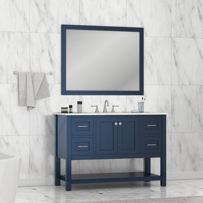 Alya Bath Wilmington 48" Single Blue Freestanding  Bathroom Vanity With Carrara Marble Top, Ceramic Sink and Wall Mounted Mirror - HE-102-48-B-CWMT+HE-101/102-42-B-M - Backyard Provider