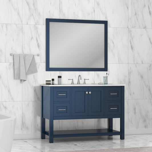 Alya Bath Wilmington 48" Single Blue Freestanding  Bathroom Vanity With Carrara Marble Top, Ceramic Sink and Wall Mounted Mirror - HE-102-48-B-CWMT+HE-101/102-42-B-M - Backyard Provider