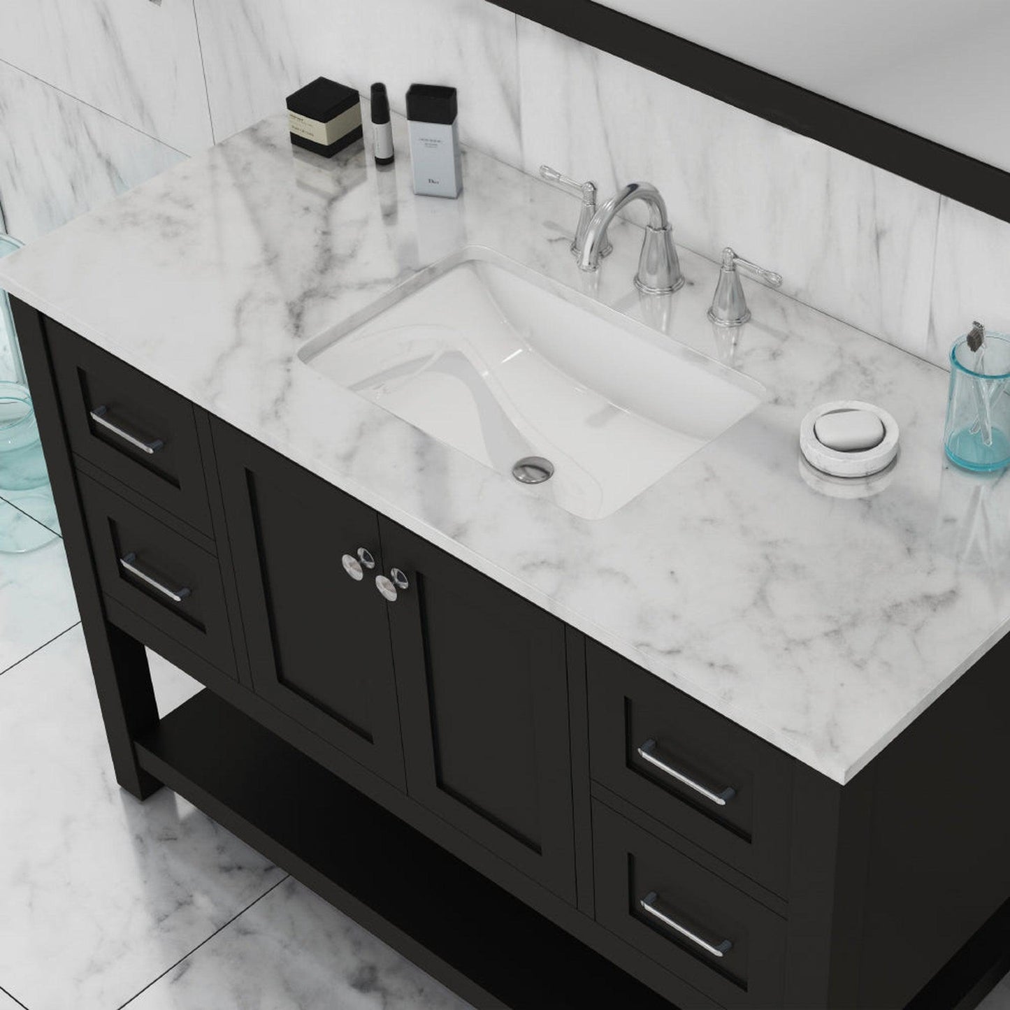 Alya Bath Wilmington 48" Single Espresso Freestanding  Bathroom Vanity With Carrara Marble Top, Ceramic Sink and Wall Mounted Mirror - HE-102-48-E-CWMT+HE-101/102-42-E-M - Backyard Provider