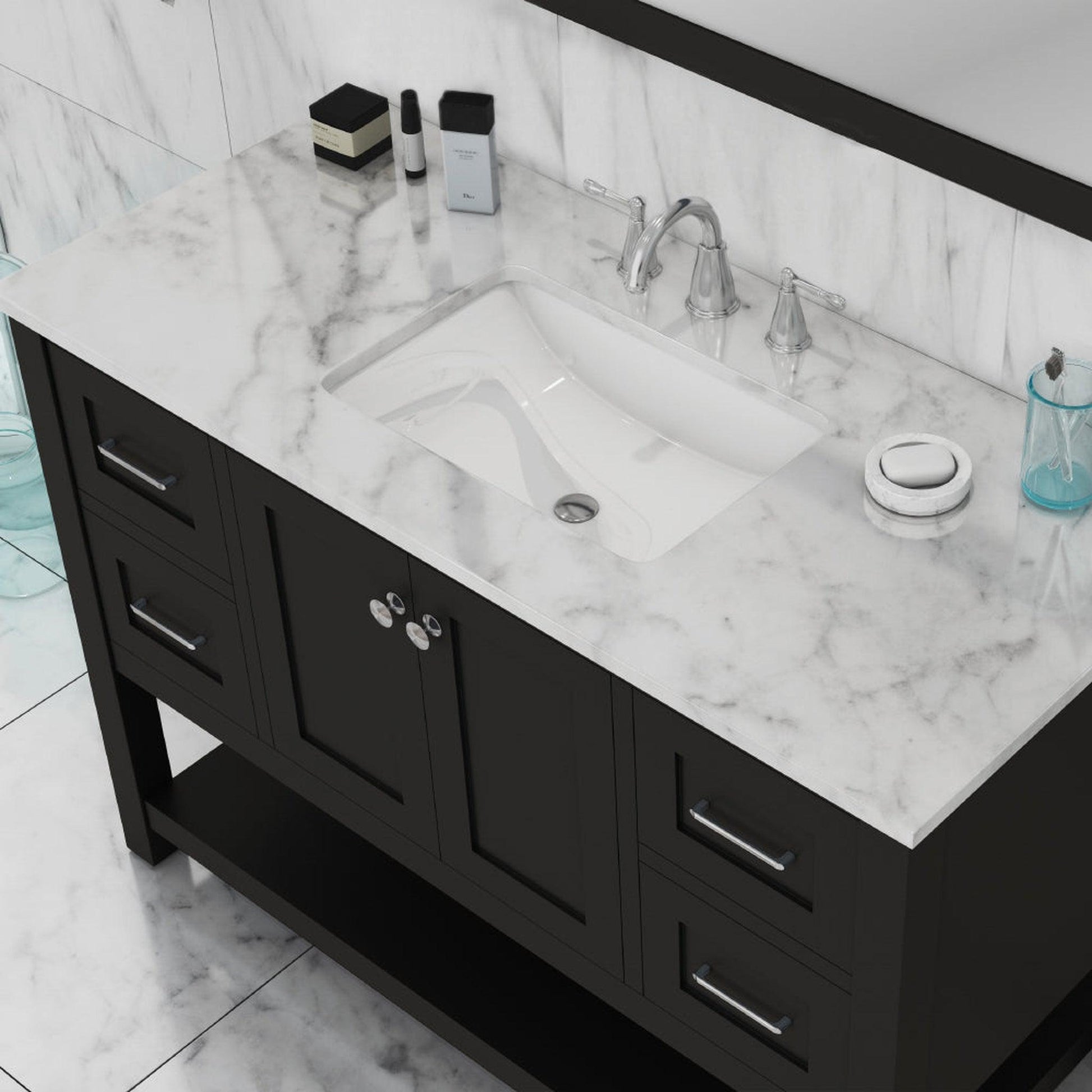 Alya Bath Wilmington 48" Single Espresso Freestanding  Bathroom Vanity With Carrara Marble Top, Ceramic Sink and Wall Mounted Mirror - HE-102-48-E-CWMT+HE-101/102-42-E-M - Backyard Provider