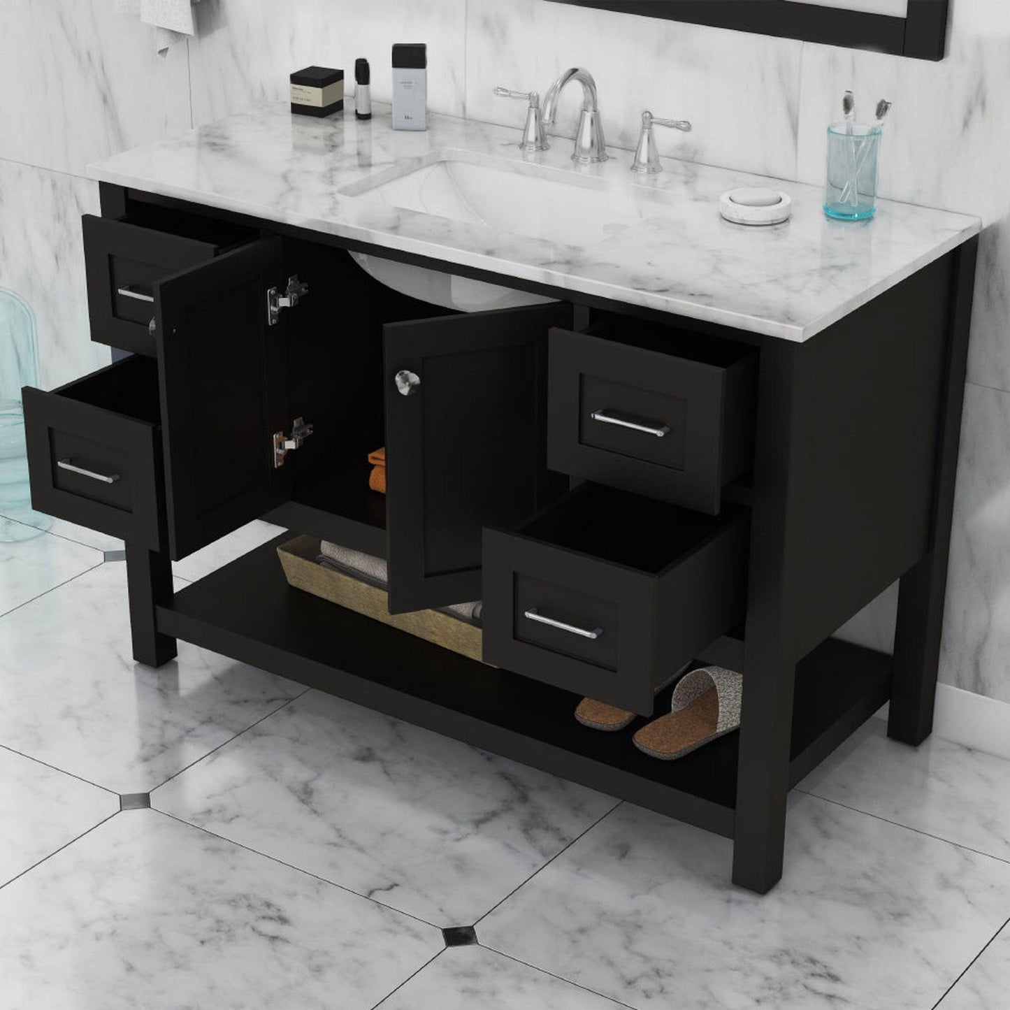 Alya Bath Wilmington 48" Single Espresso Freestanding  Bathroom Vanity With Carrara Marble Top, Ceramic Sink and Wall Mounted Mirror - HE-102-48-E-CWMT+HE-101/102-42-E-M - Backyard Provider