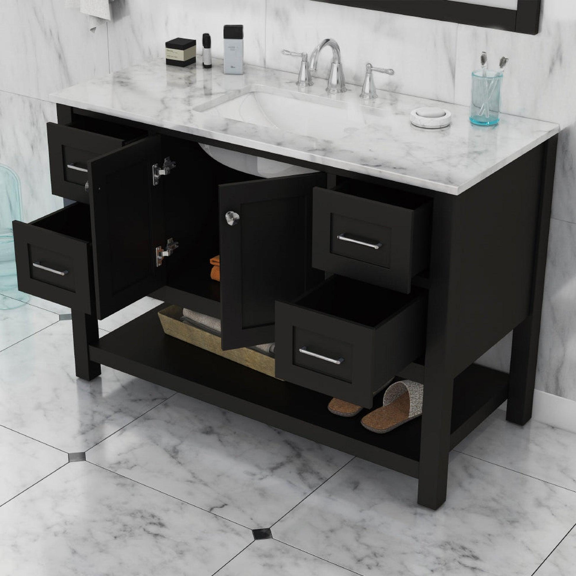 Alya Bath Wilmington 48" Single Espresso Freestanding  Bathroom Vanity With Carrara Marble Top, Ceramic Sink and Wall Mounted Mirror - HE-102-48-E-CWMT+HE-101/102-42-E-M - Backyard Provider