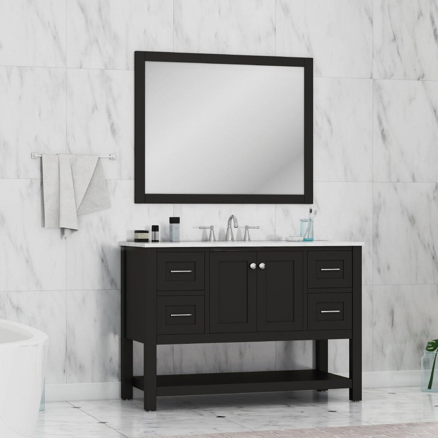 Alya Bath Wilmington 48" Single Espresso Freestanding  Bathroom Vanity With Carrara Marble Top, Ceramic Sink and Wall Mounted Mirror - HE-102-48-E-CWMT+HE-101/102-42-E-M - Backyard Provider