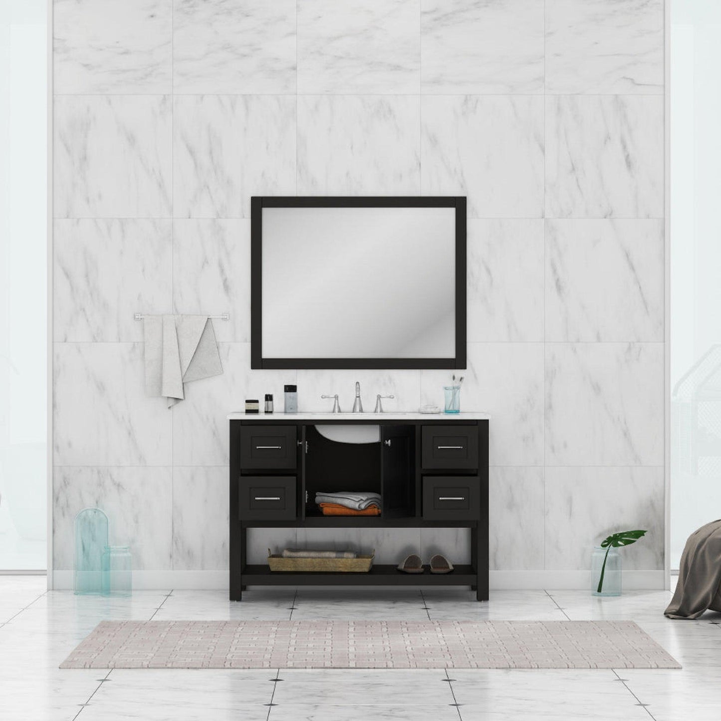 Alya Bath Wilmington 48" Single Espresso Freestanding  Bathroom Vanity With Carrara Marble Top, Ceramic Sink and Wall Mounted Mirror - HE-102-48-E-CWMT+HE-101/102-42-E-M - Backyard Provider