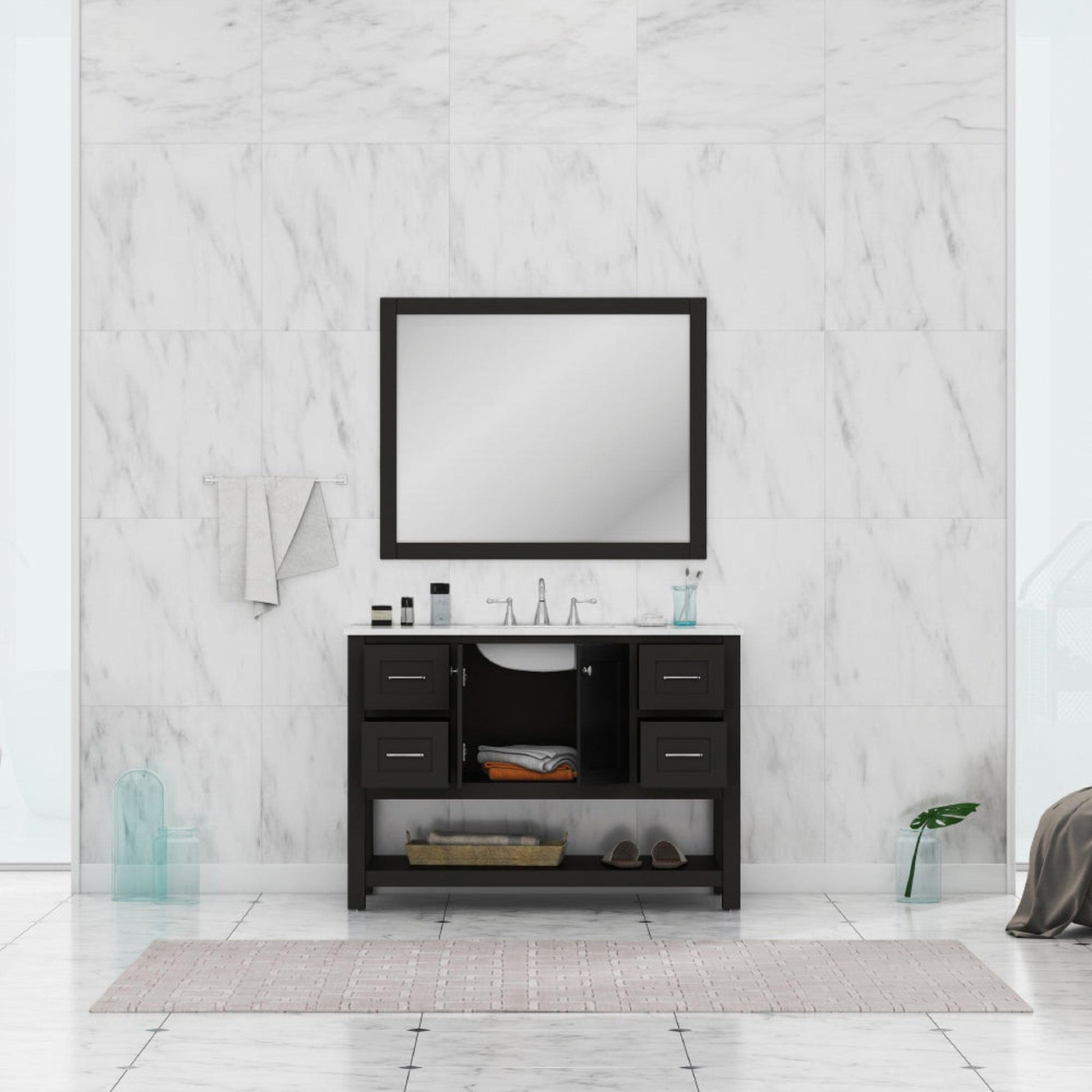Alya Bath Wilmington 48" Single Espresso Freestanding  Bathroom Vanity With Carrara Marble Top, Ceramic Sink and Wall Mounted Mirror - HE-102-48-E-CWMT+HE-101/102-42-E-M - Backyard Provider