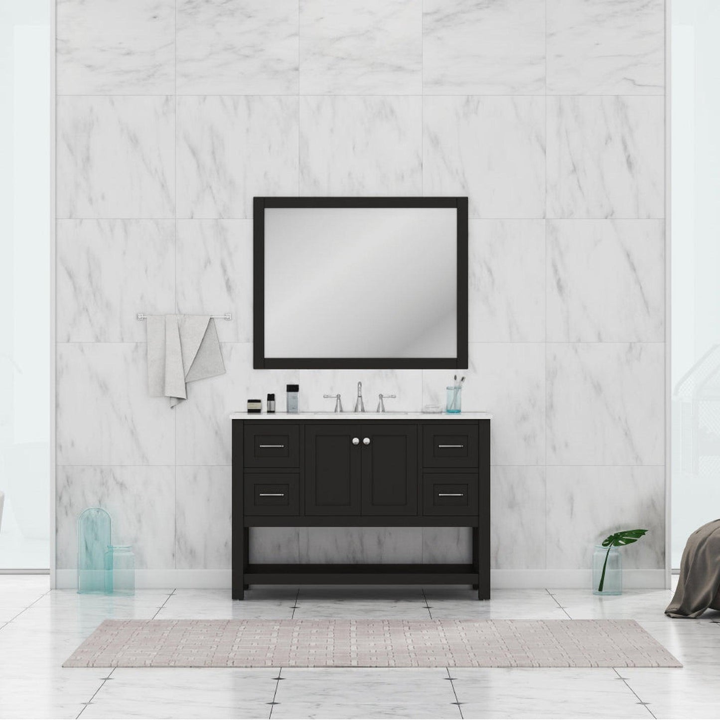 Alya Bath Wilmington 48" Single Espresso Freestanding  Bathroom Vanity With Carrara Marble Top, Ceramic Sink and Wall Mounted Mirror - HE-102-48-E-CWMT+HE-101/102-42-E-M - Backyard Provider