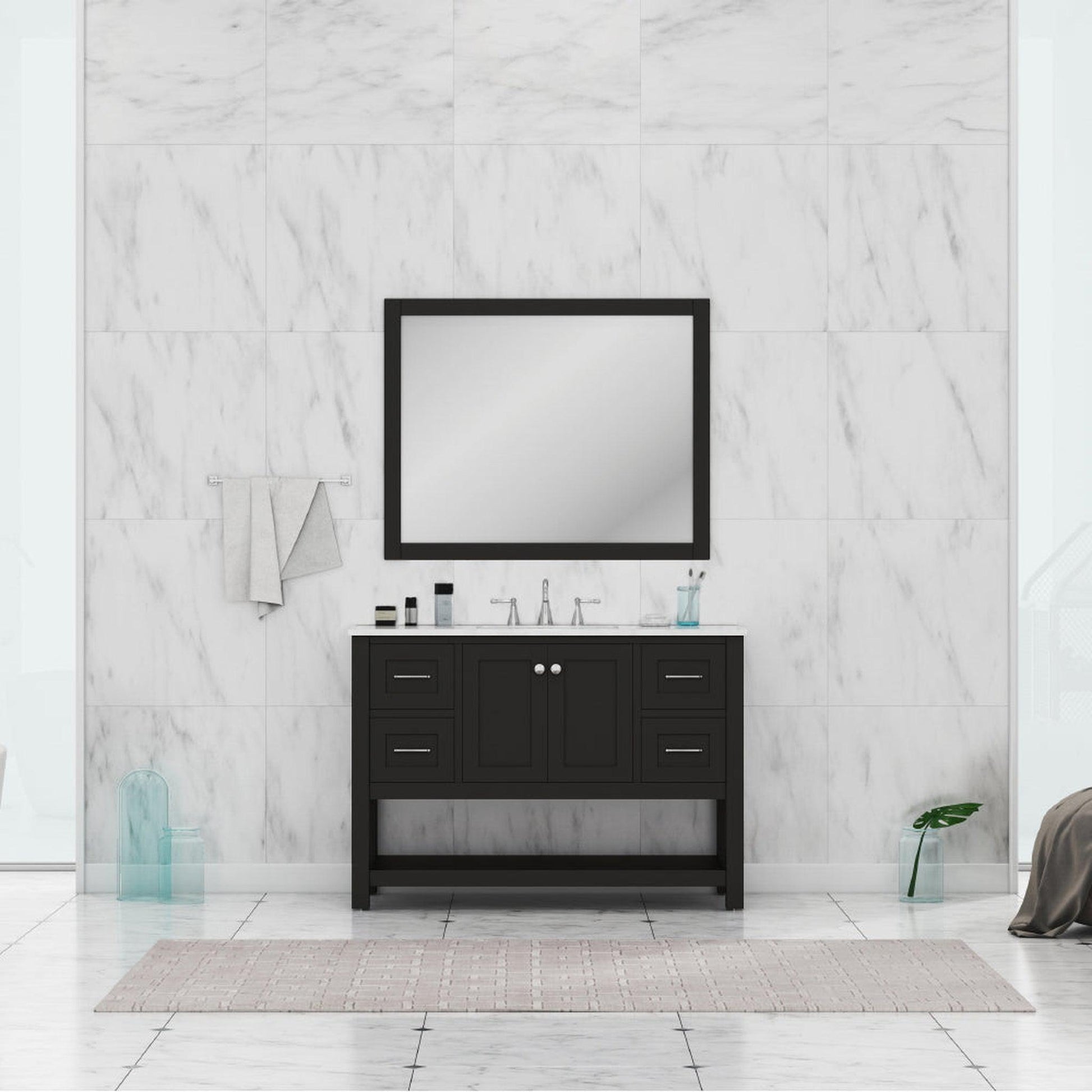 Alya Bath Wilmington 48" Single Espresso Freestanding  Bathroom Vanity With Carrara Marble Top, Ceramic Sink and Wall Mounted Mirror - HE-102-48-E-CWMT+HE-101/102-42-E-M - Backyard Provider