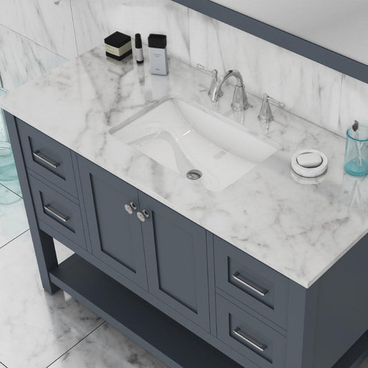 Alya Bath Wilmington 48" Single Gray Freestanding  Bathroom Vanity With Carrara Marble Top, Ceramic Sink and Wall Mounted Mirror - HE-102-48-G-CWMT+HE-101/102-42-G-M - Backyard Provider