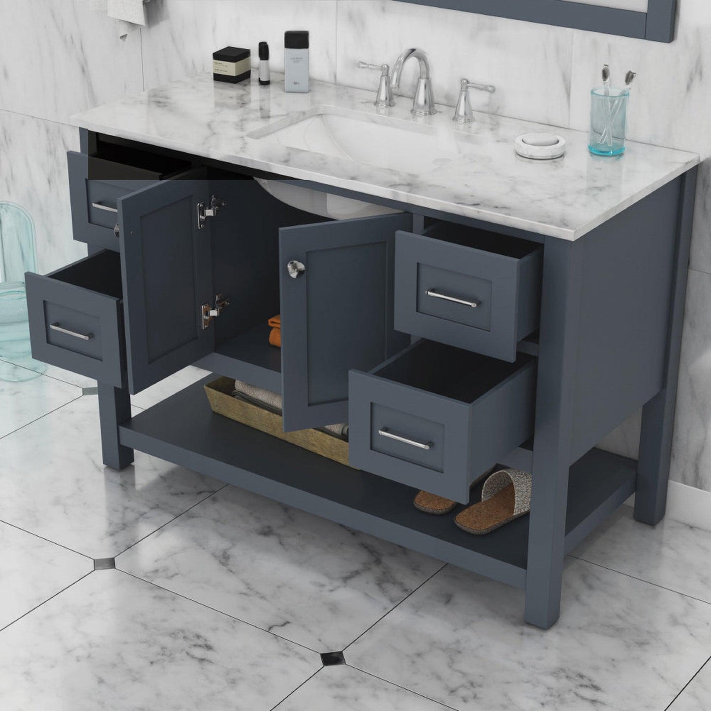 Alya Bath Wilmington 48" Single Gray Freestanding  Bathroom Vanity With Carrara Marble Top, Ceramic Sink and Wall Mounted Mirror - HE-102-48-G-CWMT+HE-101/102-42-G-M - Backyard Provider